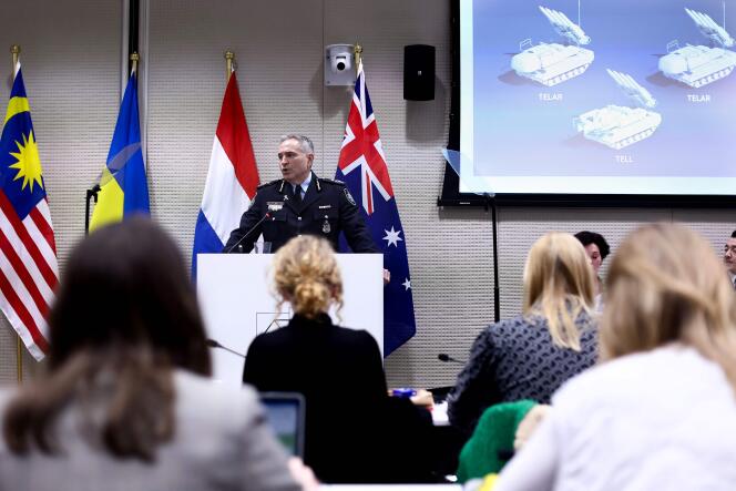 Conférence de presse sur les avancées de l’enquête sur le crash du vol MH17 de la Malaysia Airlines, au siège d’Eurojust,  à La Haye, le 8 février 2023. 