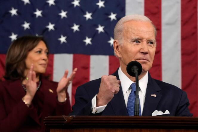 Le président américain, Joe Biden, et la vice-présidente, Kamala Harris, lors du discours sur l’état de l’Union, au Capitole, à Washington, le 7 février 2023.