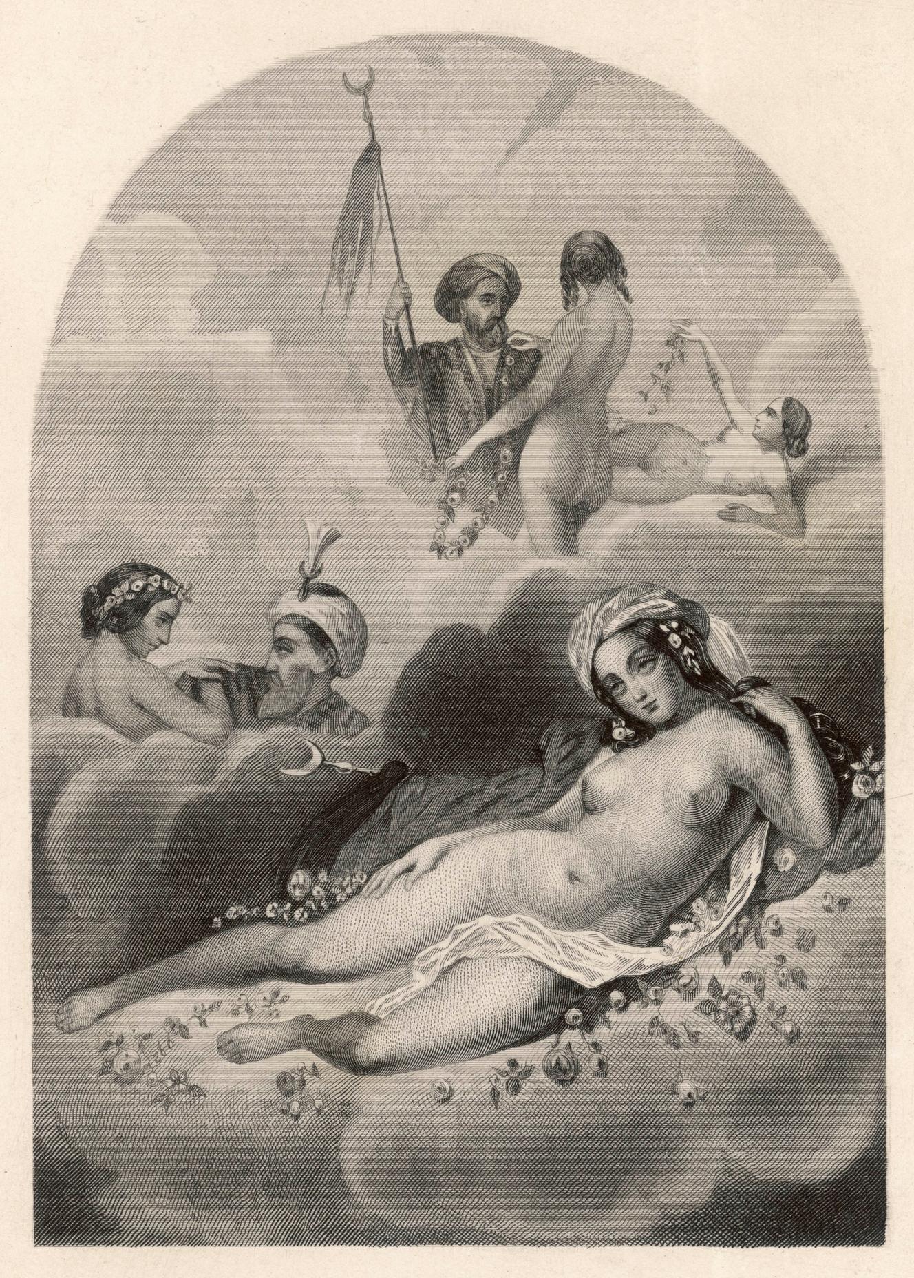 Les élus « auront des houris (vierges ou jeunes filles pures) aux grands yeux, semblables à des perles en coquille, en récompense pour ce qu’ils faisaient », évoque la sourate 56. (Illustration : gravure vers 1840.)