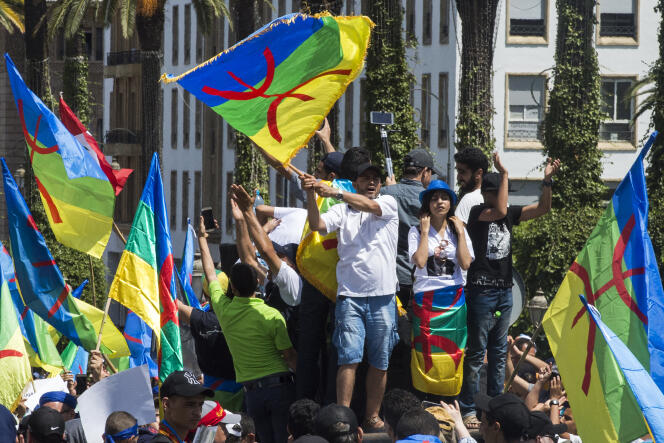 Les drapeaux amazighs sont de sortie un jour de manifestation, à Rabat, le 15 juillet 2018.