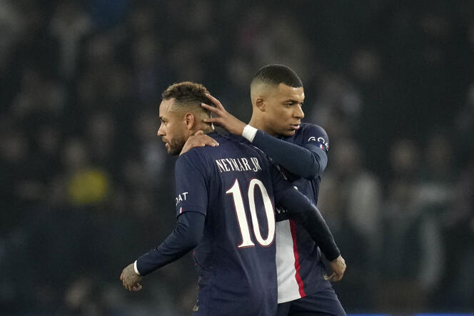 Kylian Mbappé (right) and his PSG teammate Neymar, during the knockout stages of the Champions League against Bayern Munich, at the Parc des Princes, in Paris, February 14, 2023. 