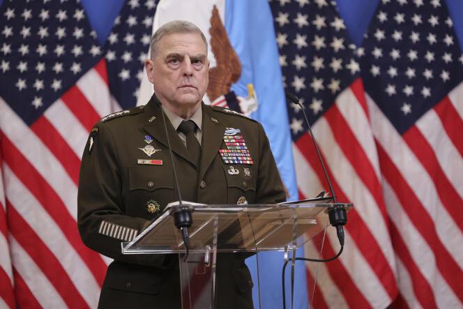 General Mark Milley during a press conference after a meeting of NATO defense ministers in Brussels on February 14, 2023.