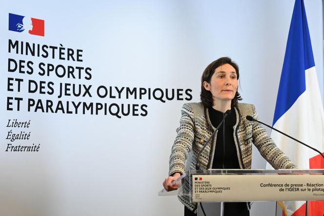 La ministre des sports, Amélie Oudéa-Castéra, lors d’une conférence de presse à Paris, le 15 février 2023.