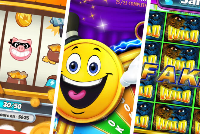 Visuels promotionnels des jeux Android gratuits « Coin Master », « Jackpot Party Casino Slots » et « Cashman casino machines à sous ».