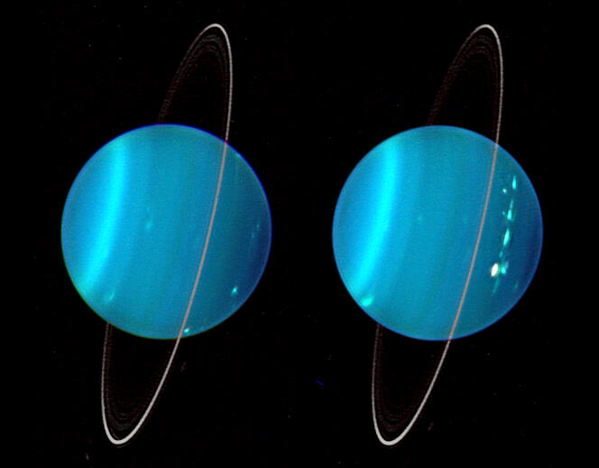 Une image composite infrarouge des deux faces d’Uranus, obtenue avec le télescope Keck. Les images ont  été réalisées les 11 et 12  juillet  2004. L’axe de cette planète est particulièrement incliné, avec le pôle Nord à droite.