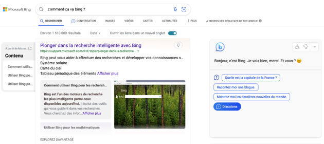 Capture d’écran du moteur de recherche Bing montrant, dans la colonne de droite, l’espace permettant d’accéder à  l’outil « Conversations ».