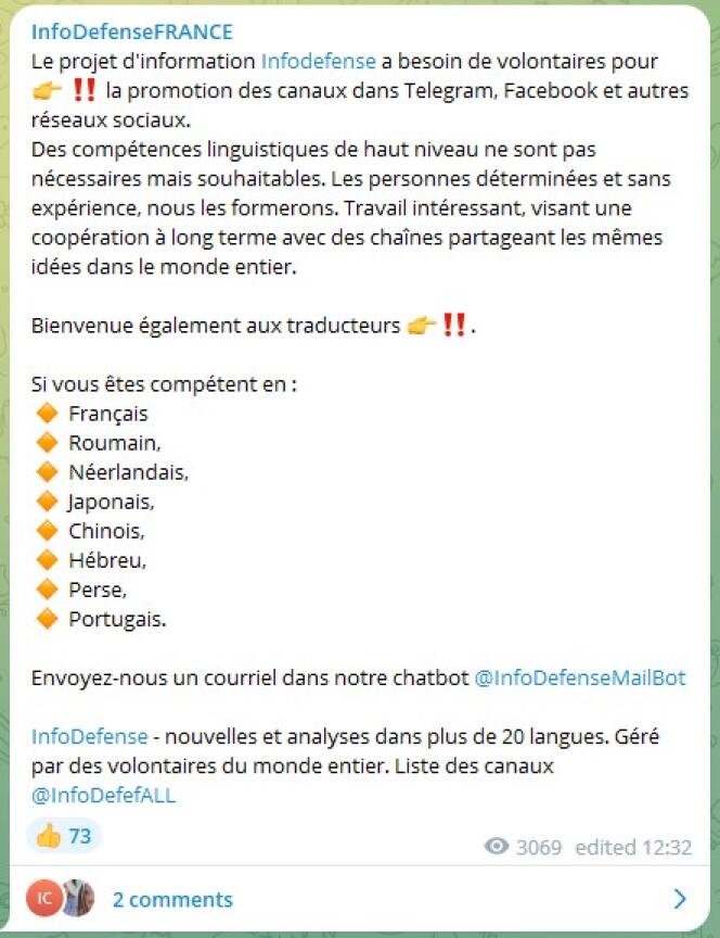 Message d’appel aux « volontaires » par le collectif InfoDefenseFRANCE, avec une liste de langues dans lesquelles les contributeurs souhaitent traduire les contenus.