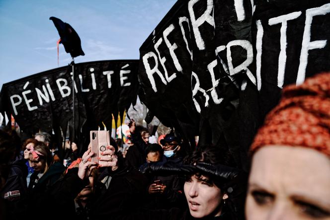 Demonstration against the pension reform on February 16, 2023, in Paris.