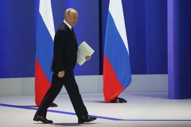 Russian President Vladimir Putin arrives to deliver his annual State of the Nation address in Moscow, February 21, 2023.