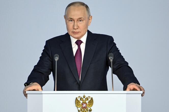 Vladimir Putin durante su discurso sobre el Estado de la Nación en Moscú el 21 de febrero de 2023.