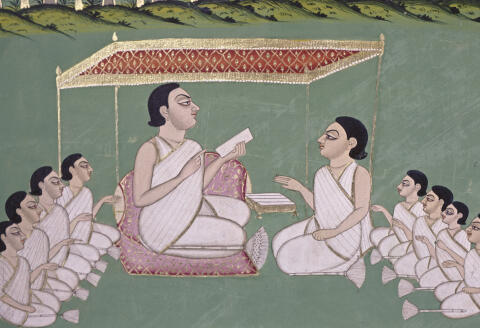 Indian miniature, 18th century. Pathshala Veda (a teacher instructing students in the holy scriptures of the Veda). Detail from a miniature.
Gouache on paper.
Jodhpur, Privatsammlung.