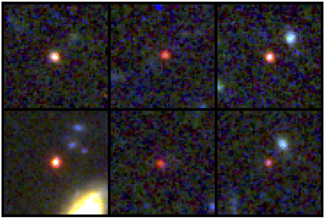 Seis galaxias distantes, entre 500 y 700 millones de años después del Big Bang, vistas en colores falsos por el telescopio James Webb y su cámara NIRCam.  En la esquina superior izquierda, el más masivo, 100 mil millones de veces la masa del Sol, o aproximadamente la masa de la Vía Láctea. 