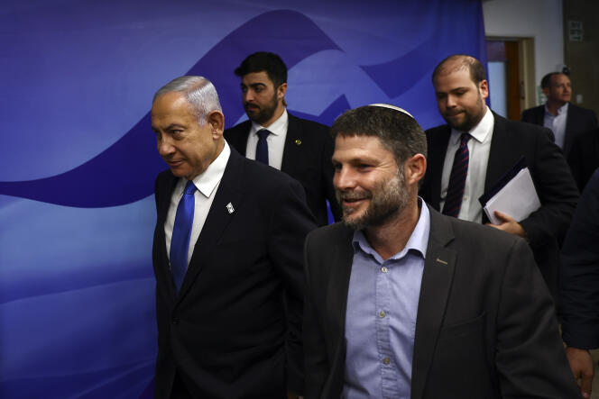 Benyamin Netanyahu and Bezalel Smotrich prior to a meeting at the prime minister's office in Jerusalem on February 23, 2023.
