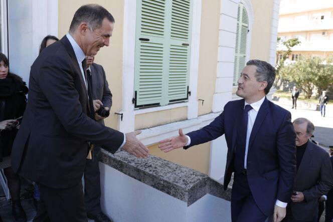 Corsican Executive Council President Gilles Simeone and Interior Minister Gerald Darmanin, in Corte (Haute Corte), February 19, 2023.