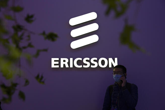 The logo of telecom equipment manufacturer Ericsson, in Beijing, October 14, 2020.
