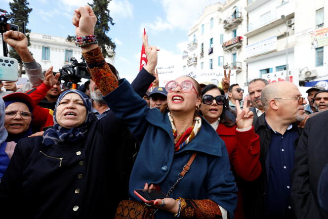 Manifestation contre le président Kais Saied à l’occasion de l’anniversaire du soulèvement de 2011, à Tunis, le 14 janvier 2023. 