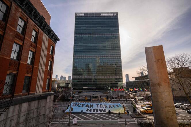 Una pancarta de Greenpeace frente a la sede de las Naciones Unidas en Nueva York, que pide la conclusión de un tratado en alta mar, el 27 de febrero de 2023.