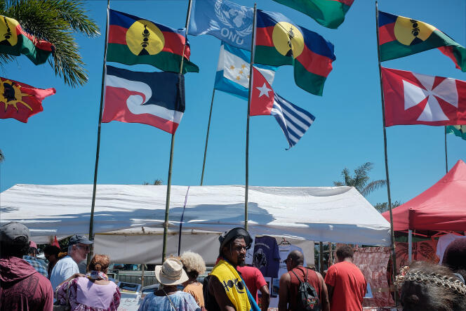 Lors de la journée anniversaire de la prise de possession de la Nouvelle-Calédonie par la France, le 24 septembre 1853, événement organisé par le « Comité 150 ans après », qui fait partie du mouvement indépendantiste kanak, à Nouméa, le 24 septembre 2020. 