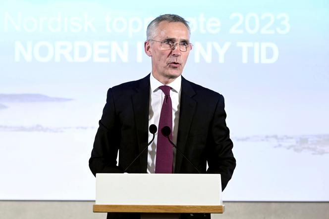 NATO Secretary General Jens Stoltenberg speaks during SAMAK's annual meeting in Helsinki, Finland, Tuesday, February 28, 2023.
