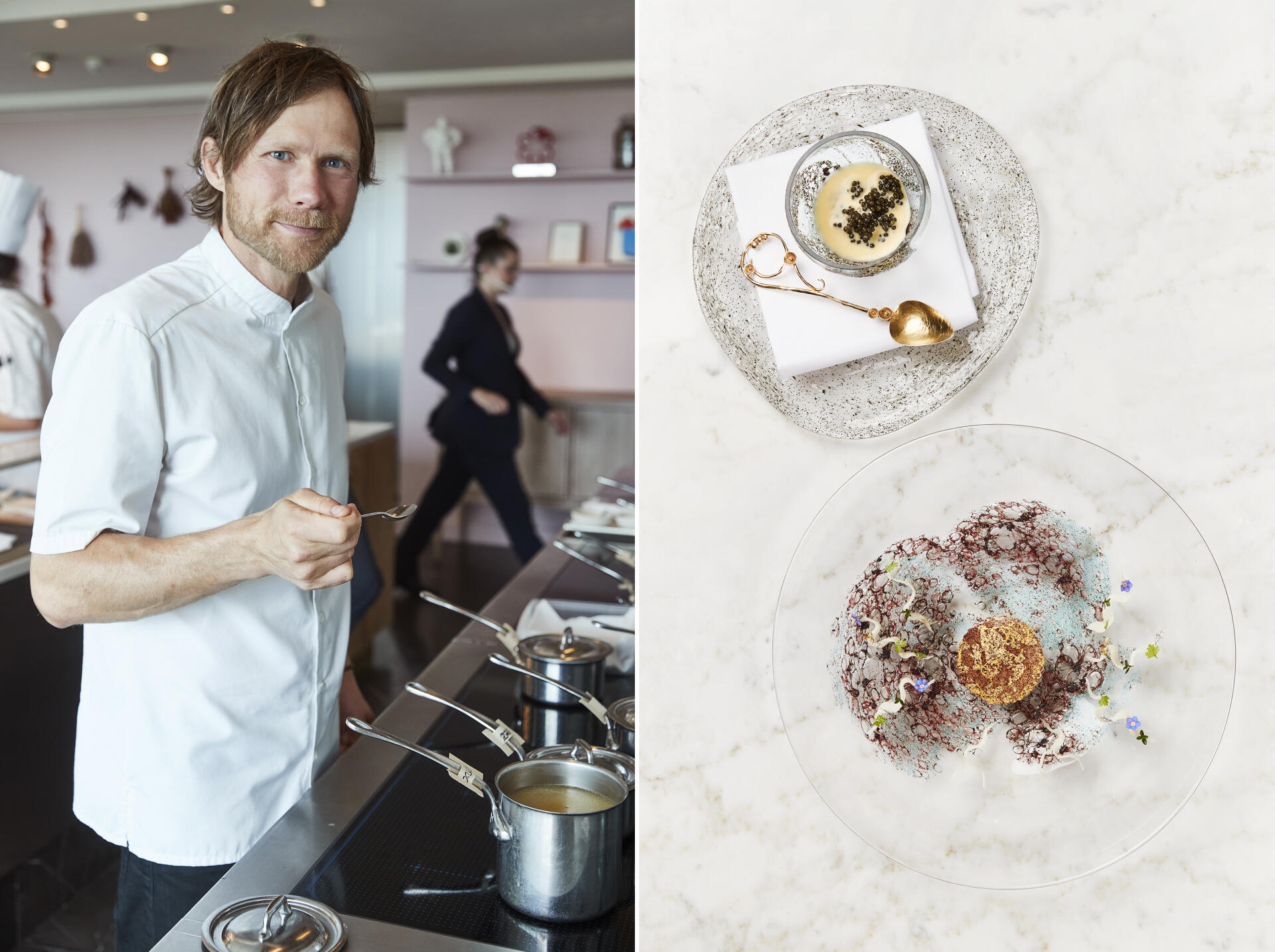 Le chef du restaurant Geranium, Rasmus Kofoed. A droite, crabe royal à la pomme.