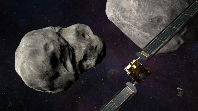 Vue d’artiste de la sonde DART avant qu’elle s’écrase sur l’astéroïde Dimorphos.
