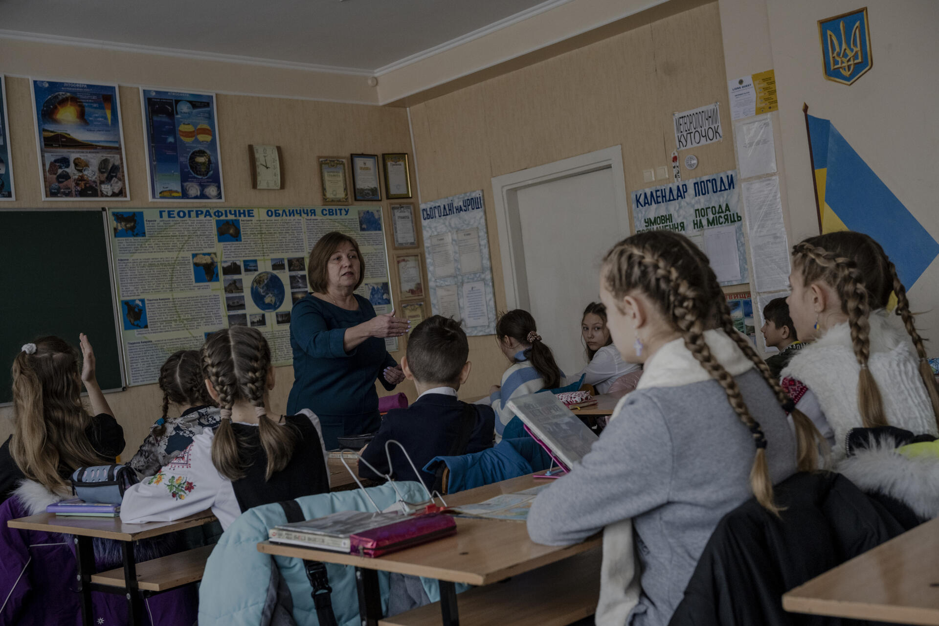 Natalia Nizhenete, history teacher during a class at school No. 33 in Chernihiv (Ukraine), February 9, 2023.