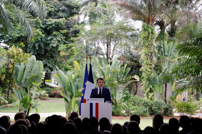 Emmanuel Macron addresses the French community at the French ambassador's residence in Libreville, Gabon, March 2, 2023, before flying to Angola for a half-day visit on March 3. 