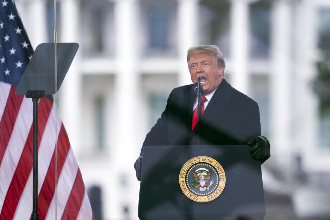 In this January 6, 2021, file photo, President Donald Trump speaks during a rally protesting the electoral college certification of Joe Biden as President in Washington.