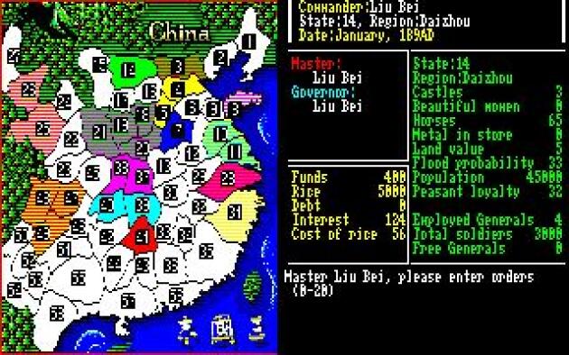 La carte en pixels de « Romance of the Three Kingdoms » (1985) sur Amiga. Attention, spoilers : il y a bien plus de trois royaumes dans « Les Trois Royaumes ». 