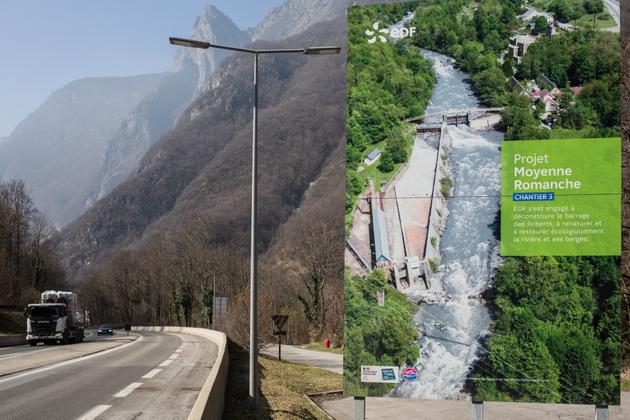 Un panneau d'EDF, le long de la départementale qui relie Vizille à Bourg-d'Oisans (Isère), le 2 mars 2023.