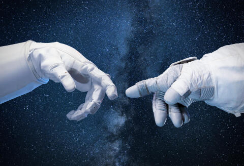 T616XE two near touching hands in space suits, 'God touches Adam' pose (3d space illustration, elements of this image are furnished by NASA)