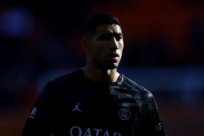 Achraf Hakimi before the match between Lorient FC and Paris-Saint-Germain at the Stade du Moustoir, in Lorient, on November 6, 2022.