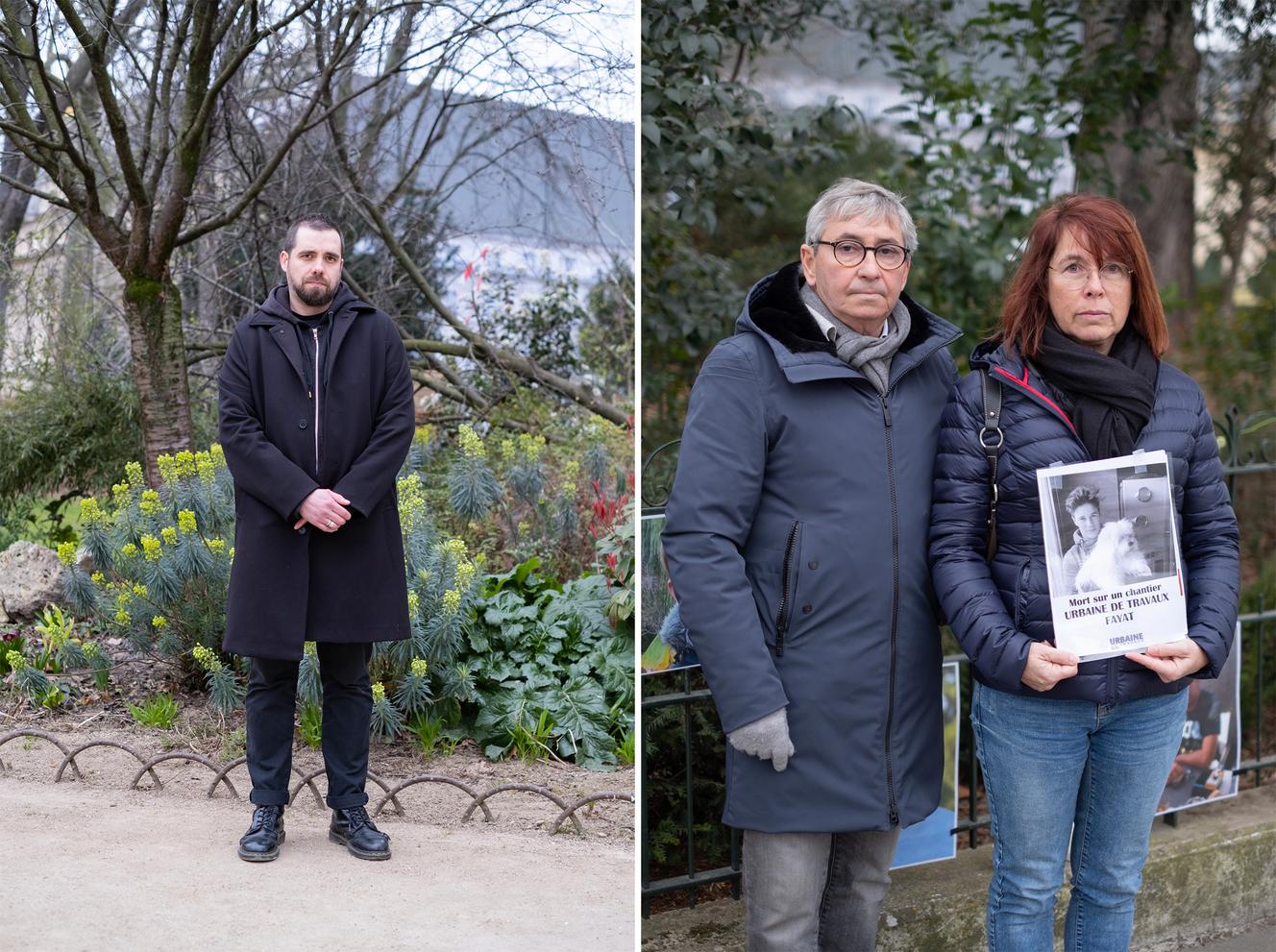 A gauche, Matthieu Lépine a aidé à la création du Collectif familles : stop à la mort au travail. A droite, Frédéric et Valérie, parents de Jeremy, 21 ans décédé il y a deux ans lors d’un stage qu’il effectuait sur un chantier.