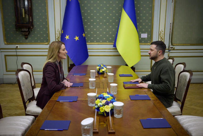 Ukraine's President Volodymyr Zelenskiy and European Parliament President Roberta Metsola attend a meeting, amid Russia's attack on Ukraine, in Lviv, Ukraine on March 4, 2023.