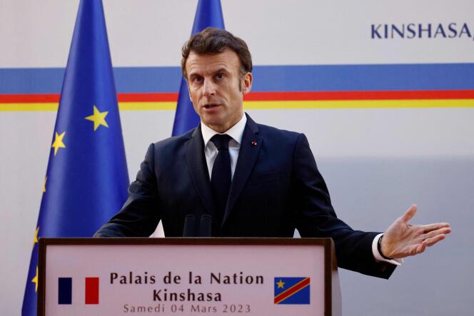 French President Emmanuel Macron during the joint press conference with the President of the Democratic Republic of Congo, at the Palais de la Nation, in Kinshasa, March 4, 2023.
