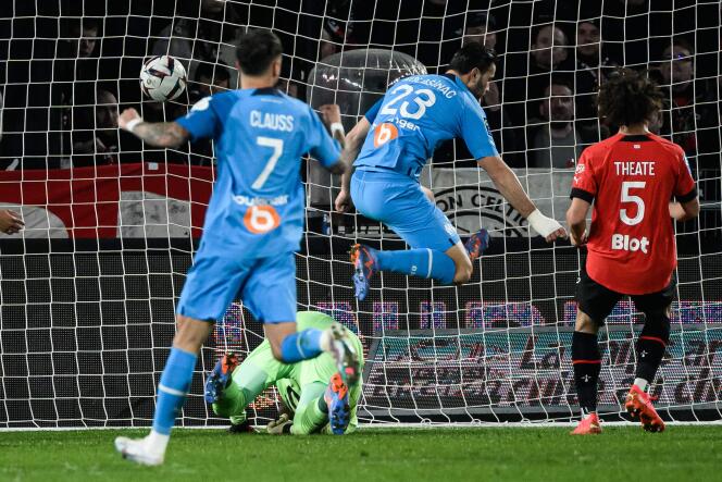 Marseille defender Sead Kolasinac scored OM's winning goal in Rennes on March 5, 2023.