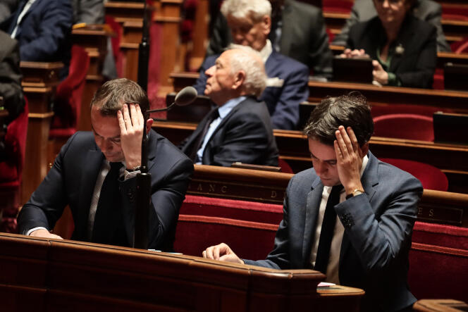 The Minister of Labor, Olivier Dussopt, and the Minister of Public Accounts, Gabriel Attal, during the examination of the bill on pension reform, in the Senate, on March 2.