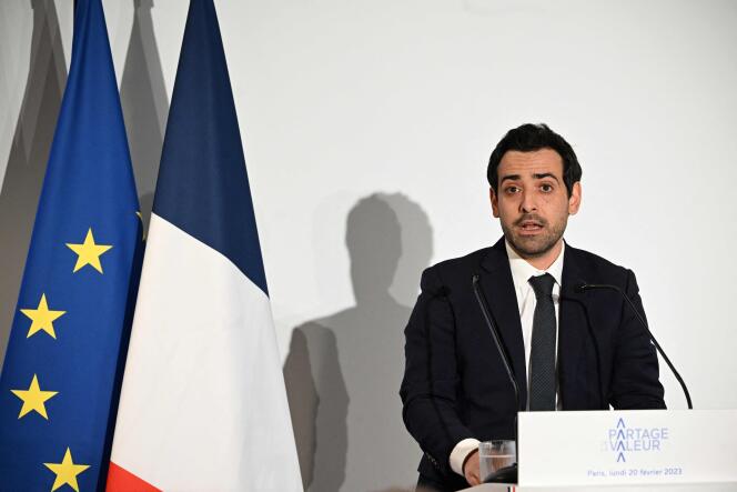 Stéphane Séjourné intervient lors d’une convention organisée par le parti Renaissance sur le thème de la valeur partagée dans les entreprises et les commerces, à Paris, le 20 février 2023. 