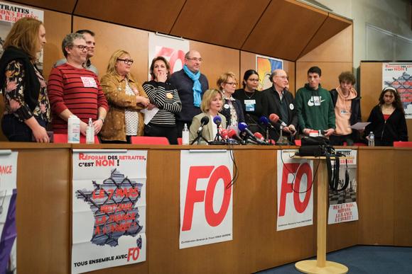 La conférence de presse suite à la réunion Intersyndicale au siège de FO, à Paris, le 7 mars 2023.