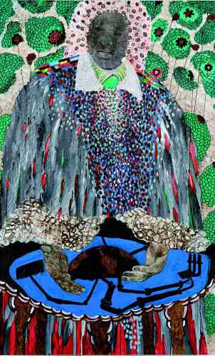 “Water, Energy, Justice for All”, by Omar Ba (acrylic, pencil, oil, Indian ink and Bic pen on canvas, 195 cm x 120 cm, 2022).