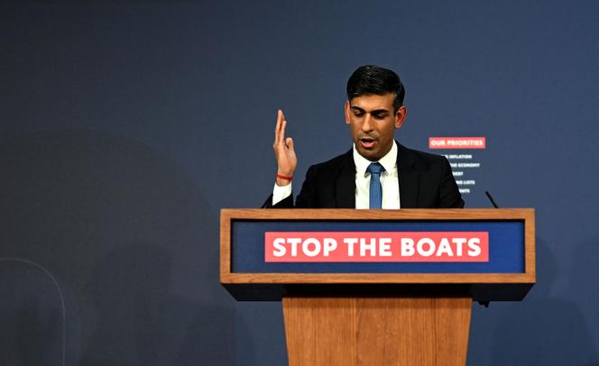 Rishi Sunak en la conferencia de prensa contra la inmigración ilegal, en Londres, el 7 de marzo.