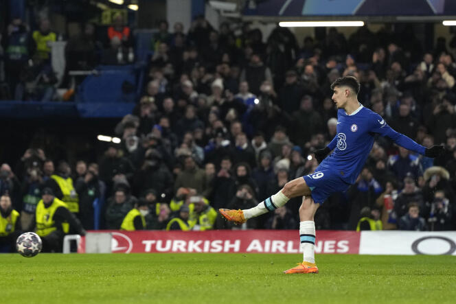 Chelsea's Kai Havertz scores a penalty during the Champions League round of 16 second leg soccer match between Chelsea FC and Borussia Dortmund at Stamford Bridge, London, Tuesday March 7, 2023. (