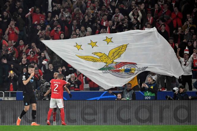 Benfica's Portuguese midfielder, Joao Mario, celebrates his team's fourth goal, against Brugge, on March 7, 2023, in Lisbon.