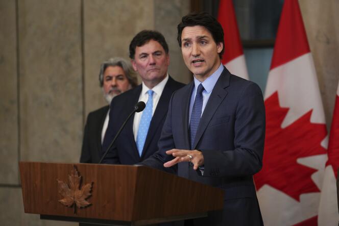 Canada's Prime Minister Justin Trudeau speaks during a news conference on Parliament Hill in Ottawa, Ontario, on Monday, March 6, 2023.