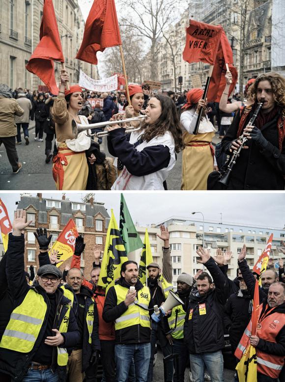 Arriba: Reunidos en Sèvres Babylone, los manifestantes marcharon hacia la Place d'Italie. Abajo: la Asamblea General de trabajadores ferroviarios. París, martes 7 de marzo de 2023.