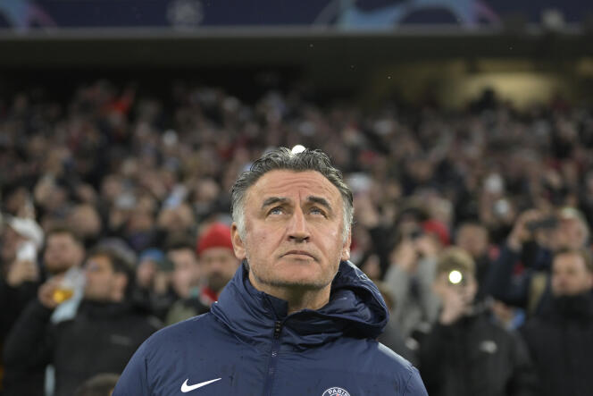 PSG coach Christophe Galtier at the Allianz-Arena in Munich (Germany) during the Champions League match between his team and FC Bayern on March 8, 2023. 
