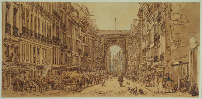 “The Faubourg and the Saint-Denis gate”, by Thomas Girtin (1801-1802).  Pen and sepia wash heightened with watercolor on thick paper.  On the road, a glazier.