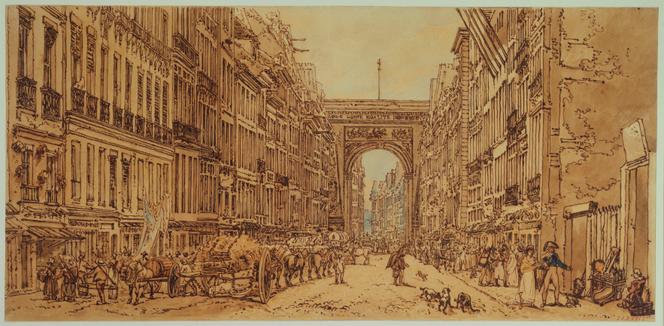 “The Faubourg and the Saint-Denis gate”, by Thomas Girtin (1801-1802).  Pen and sepia wash heightened with watercolor on thick paper.  On the road, a glazier.