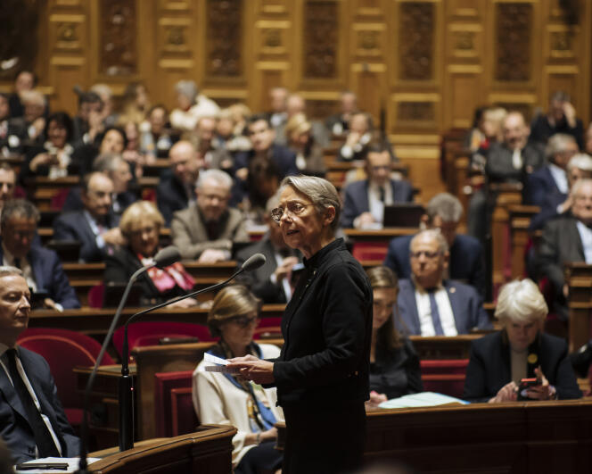 Prime Minister Elisabeth Bornes during current affairs questions to the government in the Senate, in Paris, on March 8, 2023.