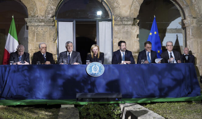 Giorgia Meloni, during a council of ministers held on March 9, 2023, at the town hall of Cutro, Italy.